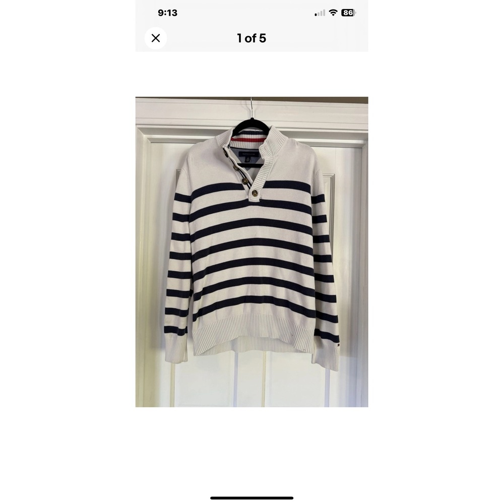 Tommy Hilfiger Mens Striped Quarter Button Mock Neck Cotton Sweater Large White